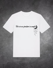 Tricou Hai să ne pierdem în noapte spate alb – detaliu text | Ristlin